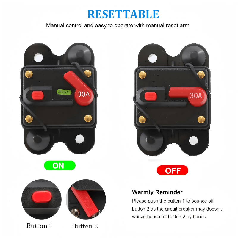 30A Waterproof Manual Reset Circuit Breaker – IP67 Weatherproof Overcurrent Protector for Automotive, Marine & RV Systems