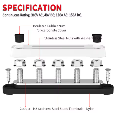 300A 6 Way Heavy Duty Copper Positive/Ground Bus Bar for Truck RV Power Distribution